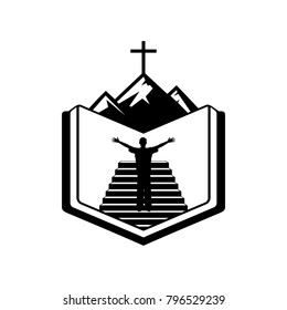 Christian illustration. A man in the background of the Bible worships Christ
