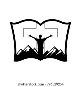 Christian illustration. A man in the background of the Bible worships Christ