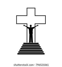 Christian illustration. Man in the background of the cross of Jesus Christ