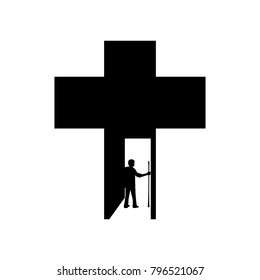 Christian illustration. Man in the background of the cross of Jesus Christ