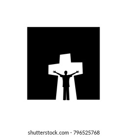 Christian illustration. Man in the background of the cross of Jesus Christ