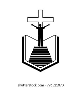 Christian illustration. Man on the background of the cross of Jesus Christ and the open bible
