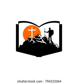 Christian illustration. The man on the mountain goes to the cross of Jesus Christ