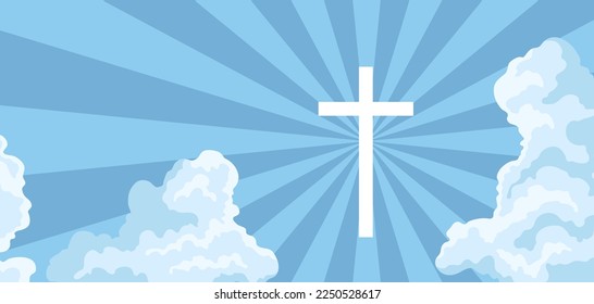 Christian illustration of sky with clouds and cross. Happy Easter image.