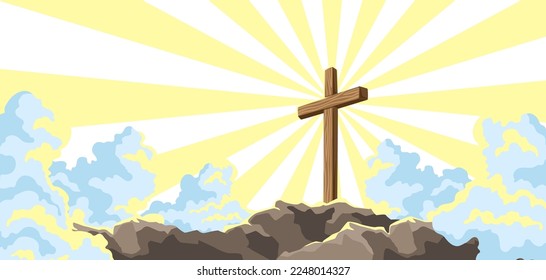 Christian illustration of wooden cross and clouds. Happy Easter image.