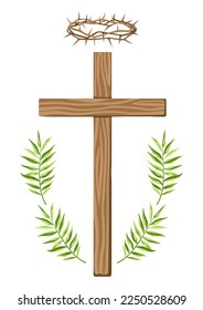 Christian illustration of wooden cross and crown of thorns. Happy Easter image.