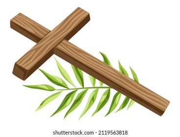 Christian illustration of wooden cross and palm branch. Happy Easter image.