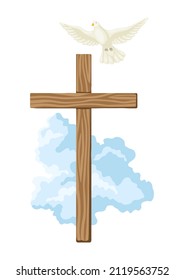 Christian illustration of wooden cross and pigeon. Happy Easter image.