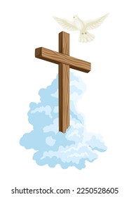 Christian illustration of wooden cross and pigeon. Happy Easter image.