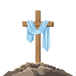 Christian illustration of wooden cross and shroud. Happy Easter image.
