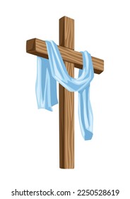 Christian illustration of wooden cross and shroud. Happy Easter image.