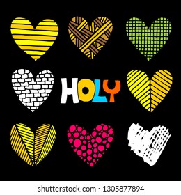 Christian inscriptions and hearts drawn by hand. Biblical vector illustrations and icons.