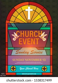 Christian Invitation Poster Template. Religious Flyer Card For Church Service Event.  Church Flyer Vector Concept. Banner With Cross And Stained Glass On Pattern Black Background. EPS 10 Vector.