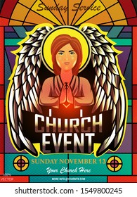 Christian Invitation Poster Template. Religious Flyer Card For Church Service Event.  Church Flyer Vector Concept. Banner With Angel And Stained Glass On Pattern Black Background. EPS 10 Vector.