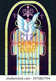 Christian Invitation Poster Template. Religious Flyer Card For Church Service Event With Dove And Stained Glass On Pattern Background. Vector Design.