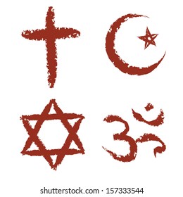 Christian, islam, judaism and hinduism religions painted signs vector set.