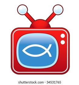 Christian Jesus fish icon on retro television set