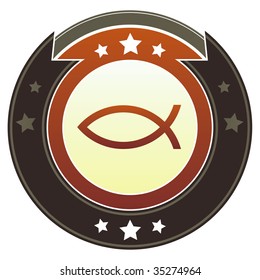 Christian Jesus fish icon on round red and brown imperial vector button with star accents suitable for use on website, in print and promotional materials, and for advertising.