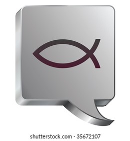 Christian Jesus fish icon on stainless steel modern industrial voice bubble icon suitable for use as a website accent, on promotional materials, or in advertisements.