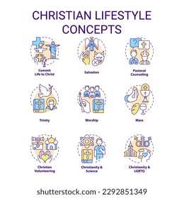 Christian lifestyle concept icons set. Culture of faith and religion. Worship idea thin line color illustrations. Isolated symbols. Editable stroke. Roboto-Medium, Myriad Pro-Bold fonts used