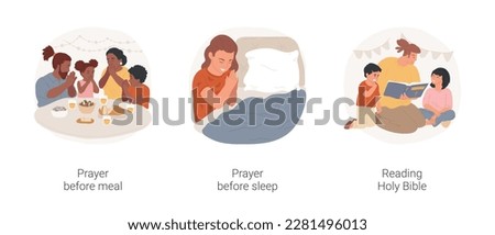 Christian lifestyle isolated cartoon vector illustration set. Diverse christian family members praing before meal, girl holds hands prayer before sleep, reading Holy Bible to child vector cartoon. Foto stock © 