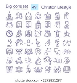 Iconos lineales del estilo de vida cristiano. Las tradiciones religiosas en la vida moderna. Prácticas espirituales de culto. Símbolos de línea delgada personalizables. Ilustraciones aisladas del contorno vectorial. Trazo editable