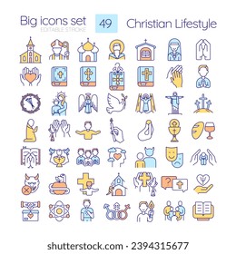 Christian lifestyle RGB color icons set. Religious traditions in modern life. Spiritual practices of worship. Isolated vector illustrations. Simple filled line drawings collection. Editable stroke