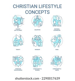 Christian lifestyle turquoise concept icons set. Culture of faith and religion. Worship idea thin line color illustrations. Isolated symbols. Editable stroke. Roboto-Medium, Myriad Pro-Bold fonts used