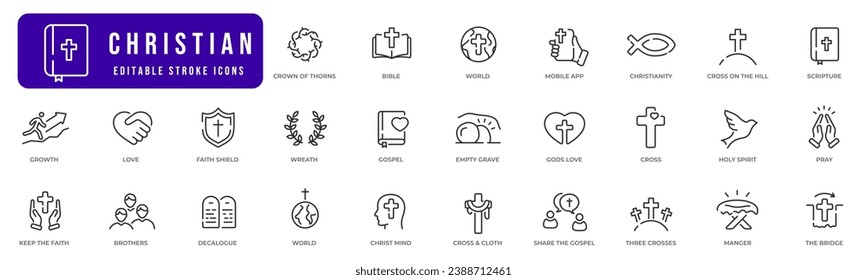 Christian line icons set. Bible, cross, faith etc. Editable stroke