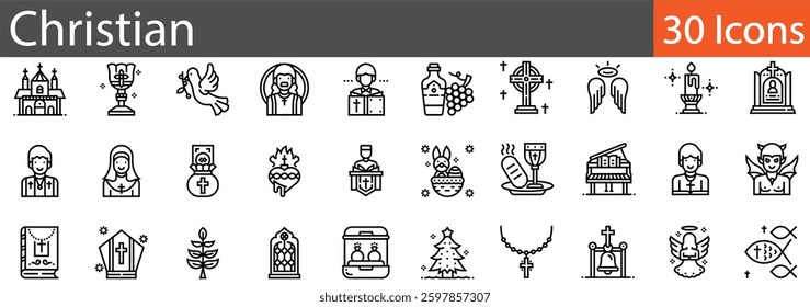 Christian Line Icons Set. Collection of 30 outline icons representing faith, religion, church, and biblical symbols. Editable stroke vector illustration.