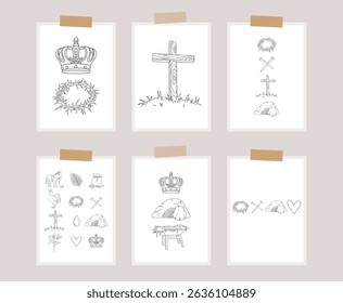  Christian Line Symbols Sketch Posters, Religion Hand Drawn Art, Biblical symbols doodle, Wall decor