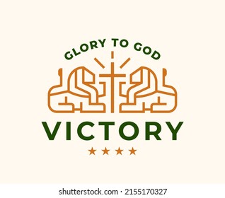 Christian lion cross logo. Lion of Judah religious emblem. Church crucifix line icon. Glory to god victory sign. Vector illustration.