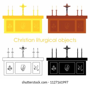 Christian liturgical objects. Gold and wood. Black fill. Outline only.