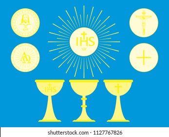 Christian liturgical objects. Host. Consecrated bread and chalice.