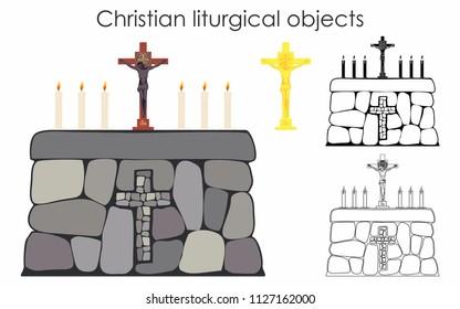 Christian liturgical objects and stone table. Black fill. Outline only.