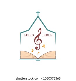 Christian logo for audio studios, preaching the word of God. Vector emblem of the treble clef and the Bible under the roof of the church.
