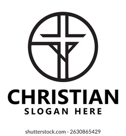 Christian logo design featuring a minimalist cross icon, bold uppercase text, circular emblem, suitable for branding.