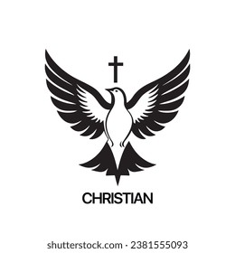 Christian Logo template with dove, pigeon. Black and white christian holy spirit symbol