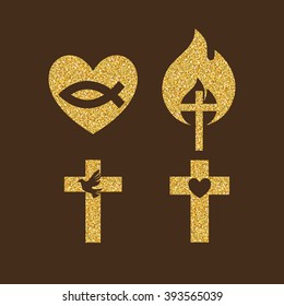 Christian logos, symbols. Brilliant color of gold.
