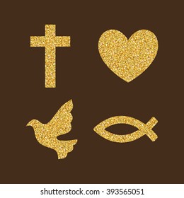 Christian logos, symbols. Brilliant color of gold.