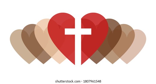 Christian love for diversity of all lives banner. Anti-racism cross with skin tone hearts representing love, inclusivity, diversity and equality for all ethnic groups. Vector illustration.