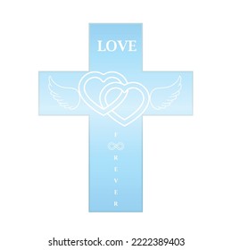 Christian Love Forever Cross with hearts intertwined, angel wings and infinity symbol. Everlasting love of God  isolated on white background.