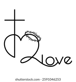 Christian love symbol with cross, heart, and crown of thorns Line art .Minimalist design cross, heart, crown of thorns for religious graphics, church materials, prints.Vector illustration