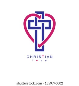 Christian Love and True Belief in God vector creative symbol design, combined with Christian Cross and heart, vector logo or sign.