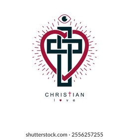 Christian Love and True Belief in God vector creative symbol design, combined with Christian Cross and heart, vector logo or sign.