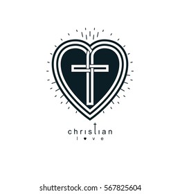 Christian Love and True Belief in God vector creative symbol design, combined with Christian Cross and heart, vector logo or sign.