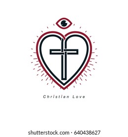 Christian Love and True Belief in God vector creative symbol design, combined with Christian Cross and heart, vector logo or sign.