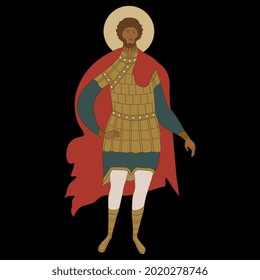 Christian male saint warrior. Holy medieval knight. Isolated vector illustration. On black background.