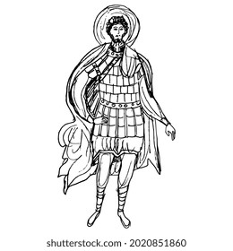 Christian male saint warrior. Holy medieval knight. Hand drawn linear doodle rough sketch. Black silhouette on white background.
