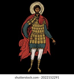 Christian male saint warrior. Holy medieval knight. Hand drawn colorful rough sketch. On black background.